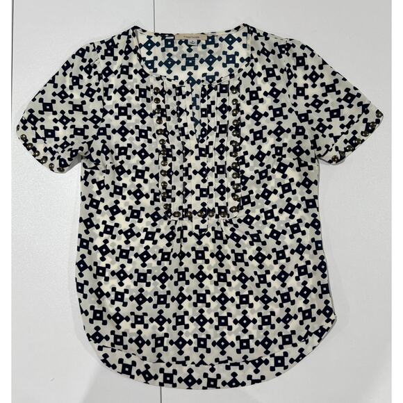 41 HAWTHORN Blue Off White Moni Studded Short Sleeve Blouse Women Size S - Picture 1 of 10